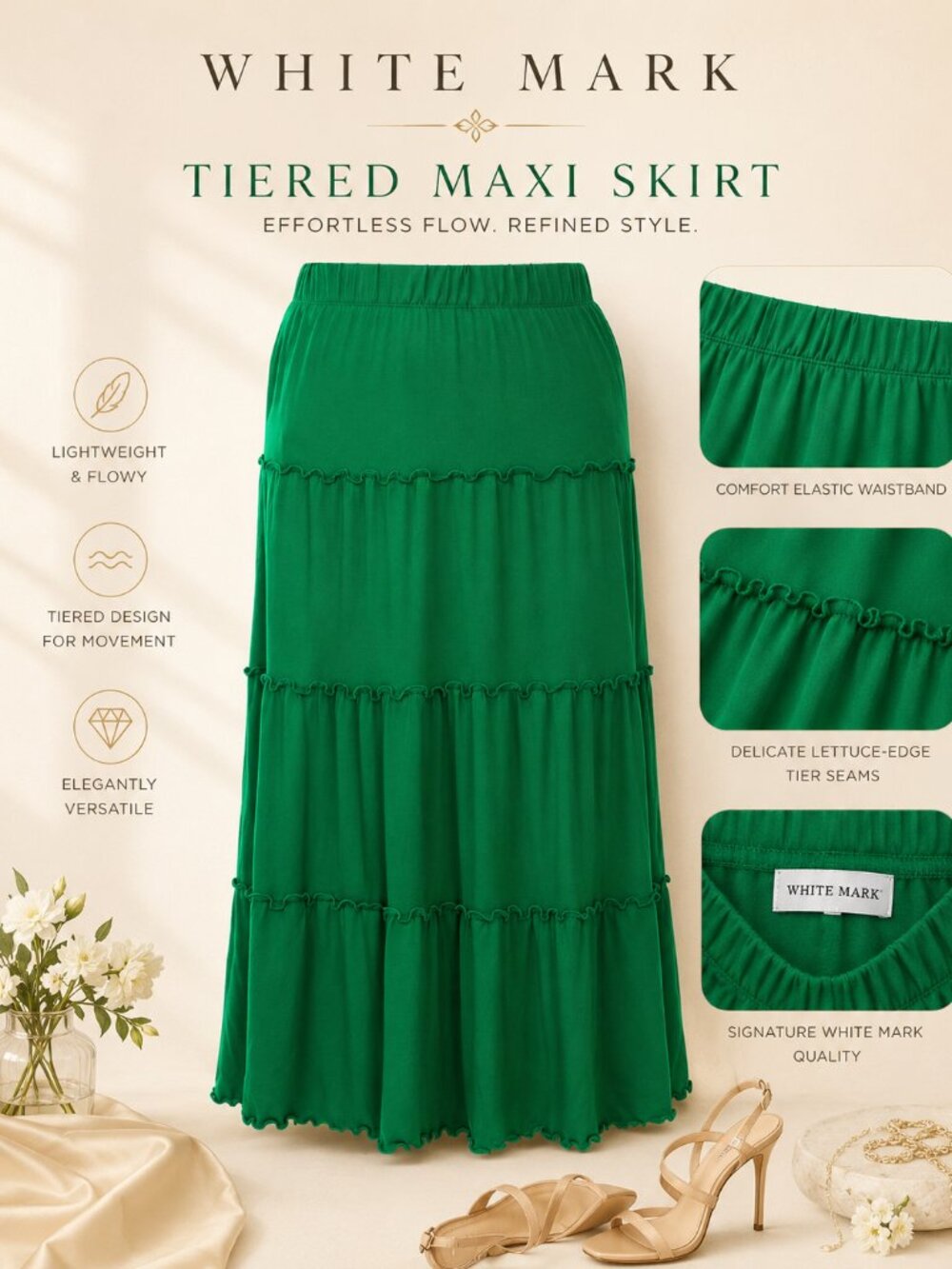 White Mark Plus Size Green Tiered Maxi Skirt 3X NWT